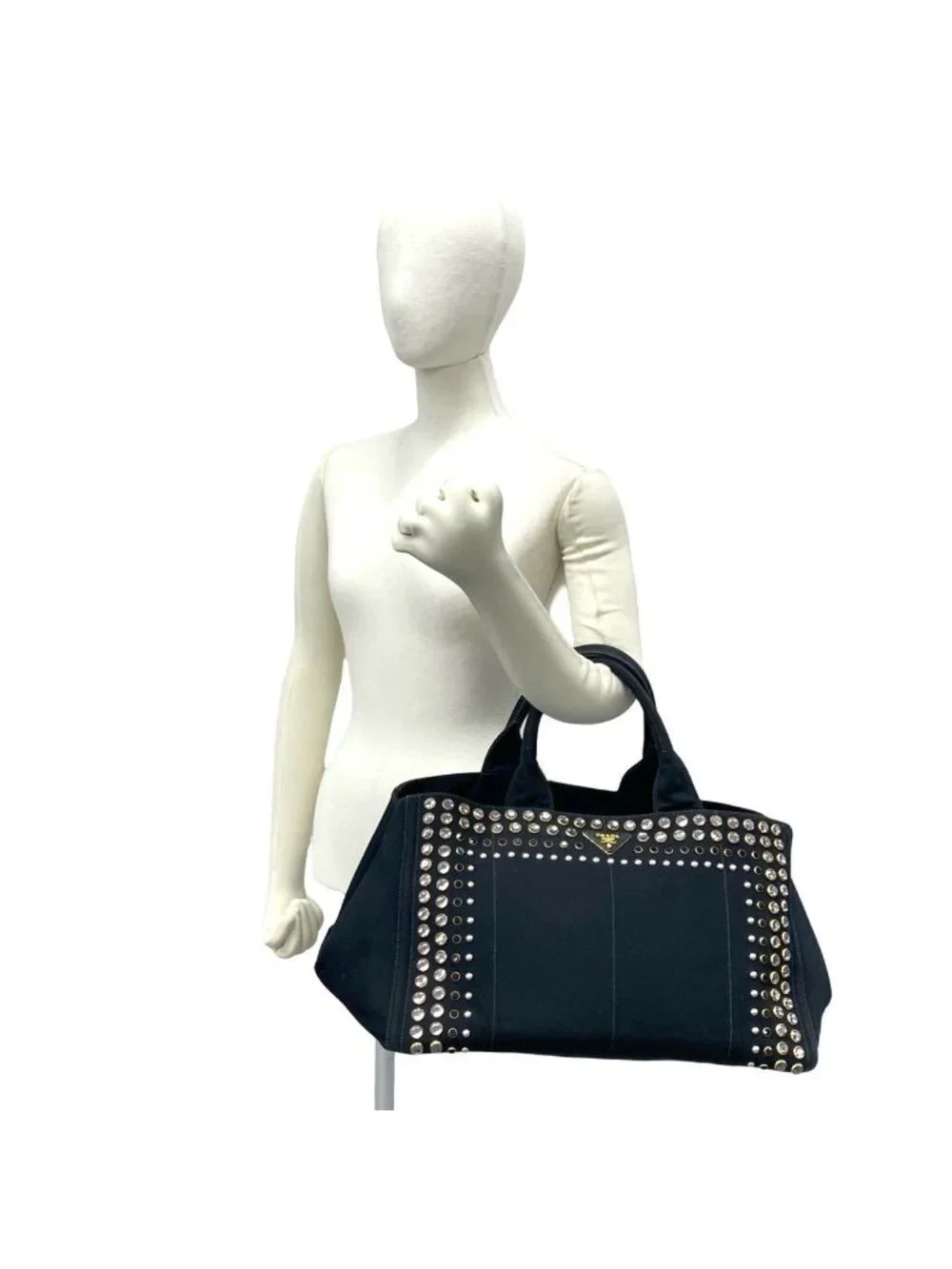 Prada Canapa Triangle Logo Canvas Saffiano Leather Studs Tote Handbag Black
